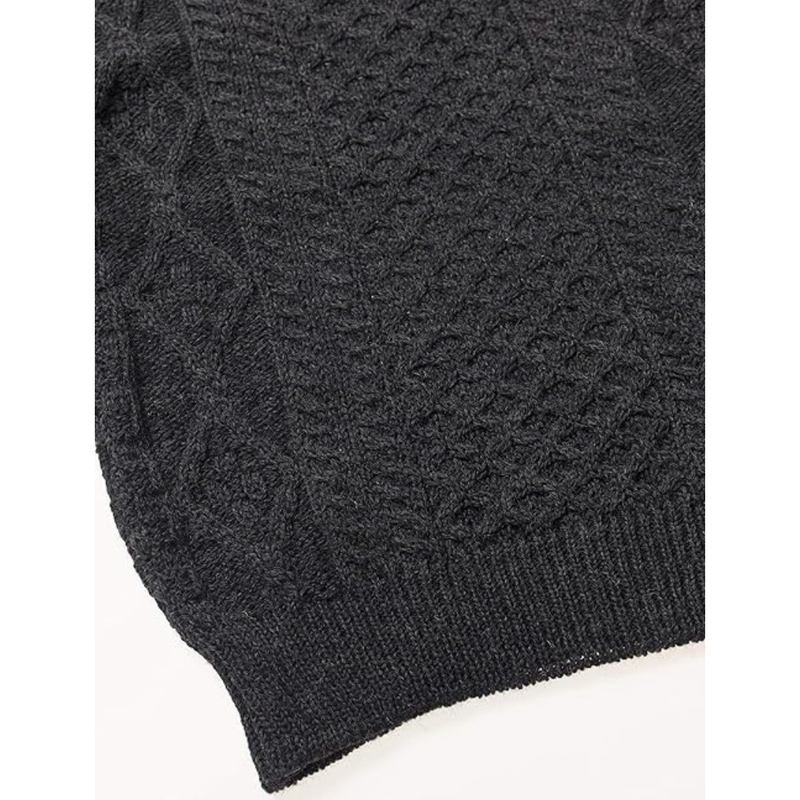 Men's Aran Cable Knit Crew Neck Wool Sweater Charcoal